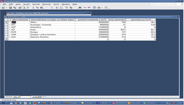 Primjer tablice Kontinent u MS Accessu 