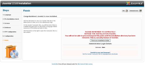 Završni korak u instalaciji Joomla! instalacije
